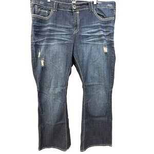H2j Distressed Flare Leg Dark Wash Blue Jeans White Stitching Plus Size 20W